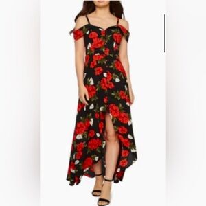 Formal Floral Black Dress with Red & White Flowers High-Low, A-Line, Flowy